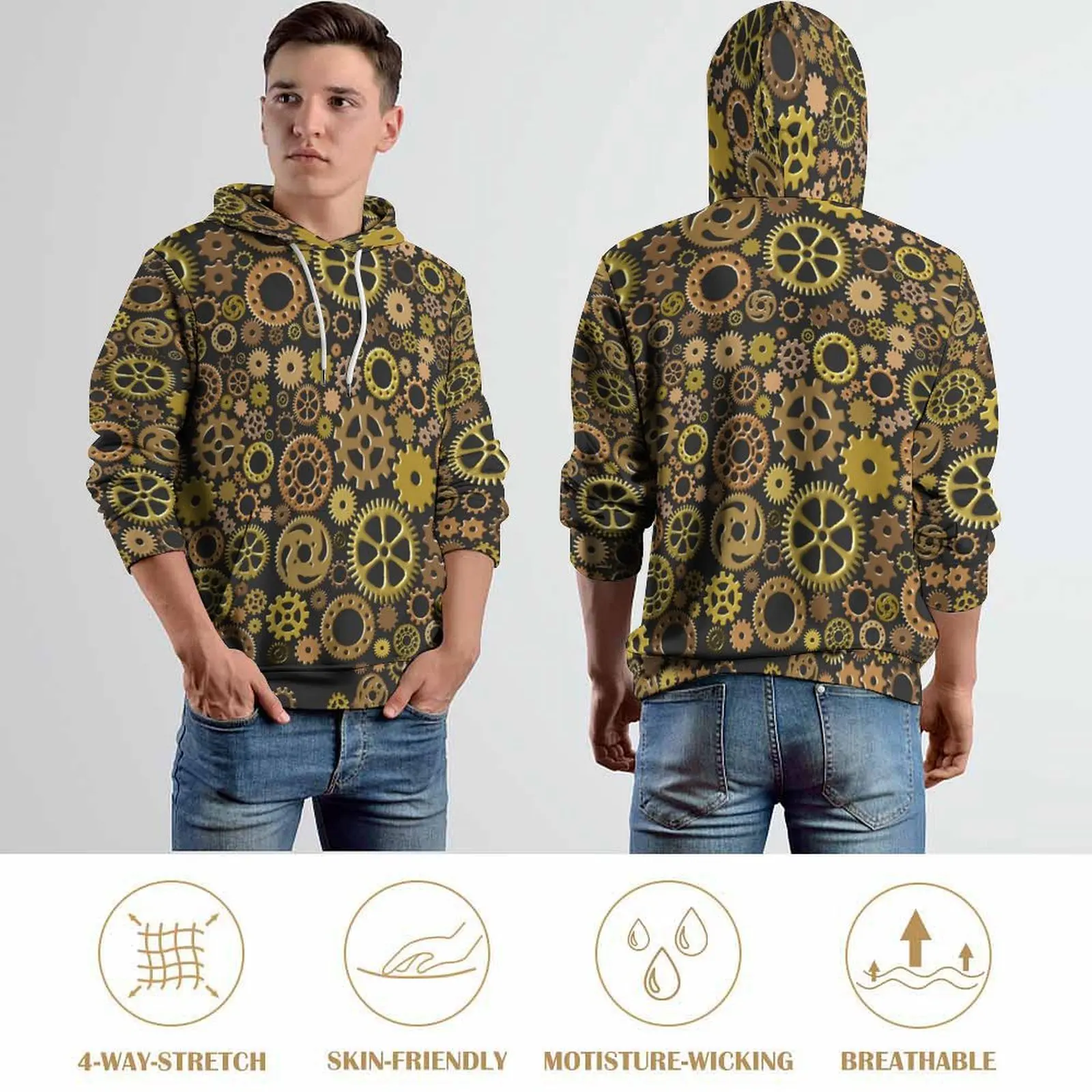 Steampunk Style Casual Hoodies Gears Print Loose Hoodie Men Long-Sleeve Funny Graphic Sweatshirts Large Size 5XL 6XL