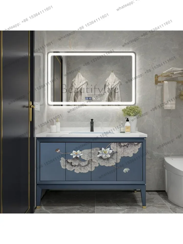Light luxury Nordic simple bathroom cabinet painted solid wood floor-to-ceiling bathroom cabinet marble slate washbasin