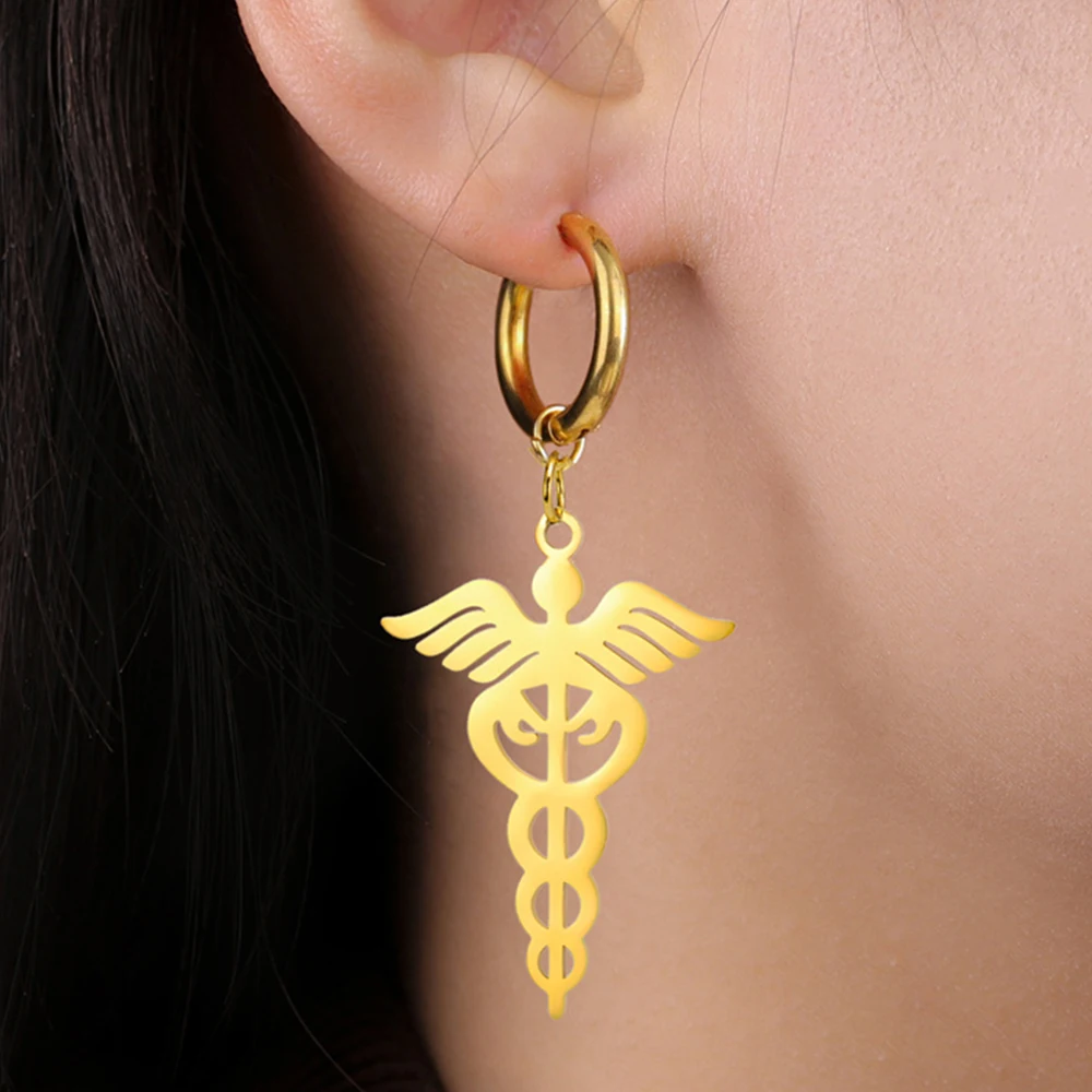 My Shape Caduceus Drop Earrings Medical Snake Scepter Wings Stainless Steel Pendents Necklace Nurse Doctor Medical Jewelry Gifts