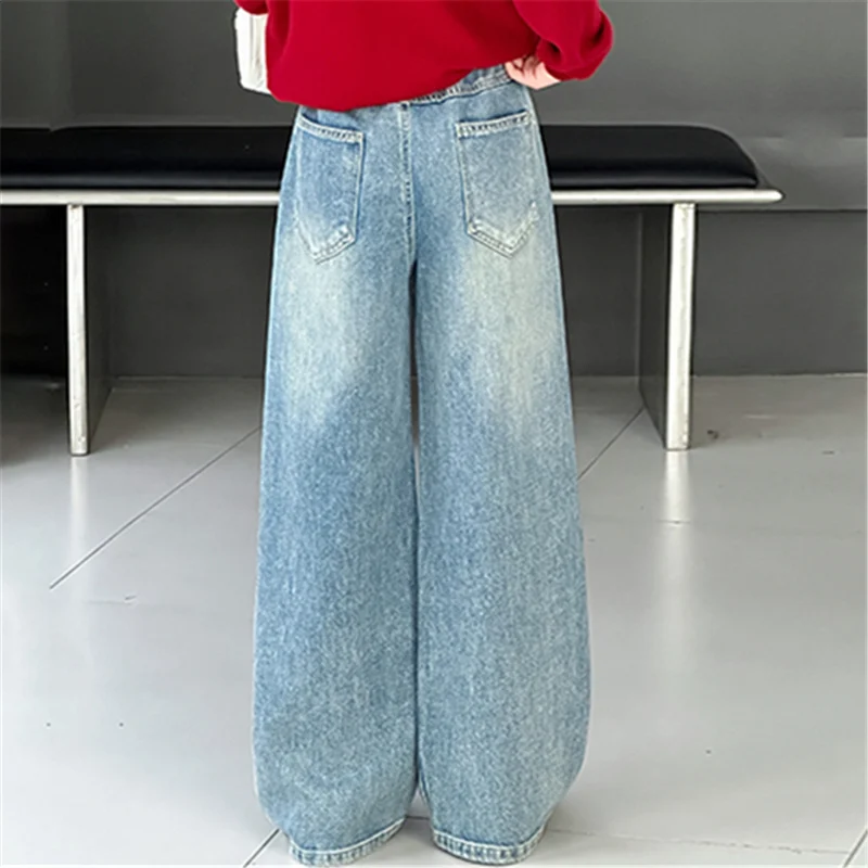Winter Kids Warm Insulated Jeans with Hearts For Teenage Girl Vintage Blue Corduroy Fleece Denim Pants Thermal Crystal Trousers