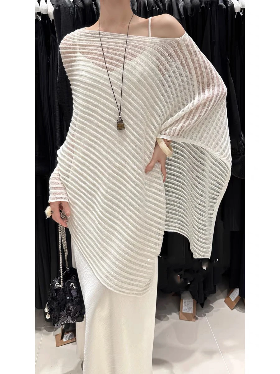 

Summer New Blusas Aesthetic Hollow Knitted Bat Sleeve Cape Sun Protection Blouse For Women Asymmetrical Sunscreen Cover Up Top