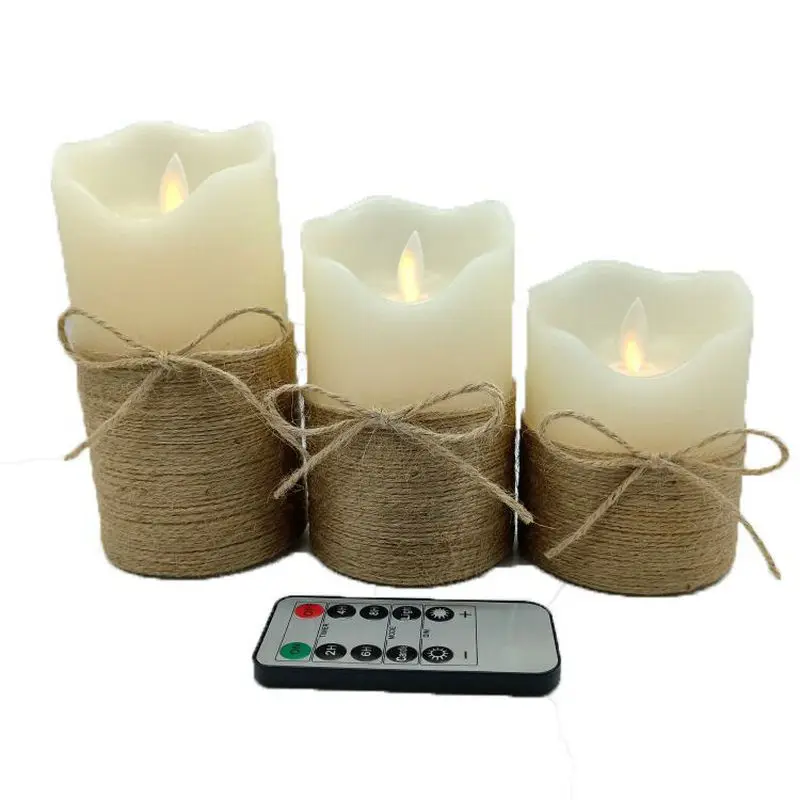 

Set of 3 Remote controlled Flickering Flameless Candles Battery Operated Electric Pillar Candles w/Timer Paraffin Wax Hemp Rope