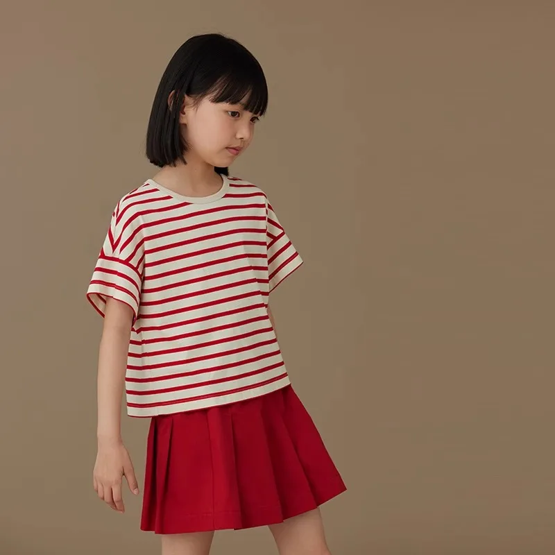 Camiseta regular de cuello redondo para niños y niñas, tops de algodón a rayas sin mangas, camisetas casuales de moda, Verano