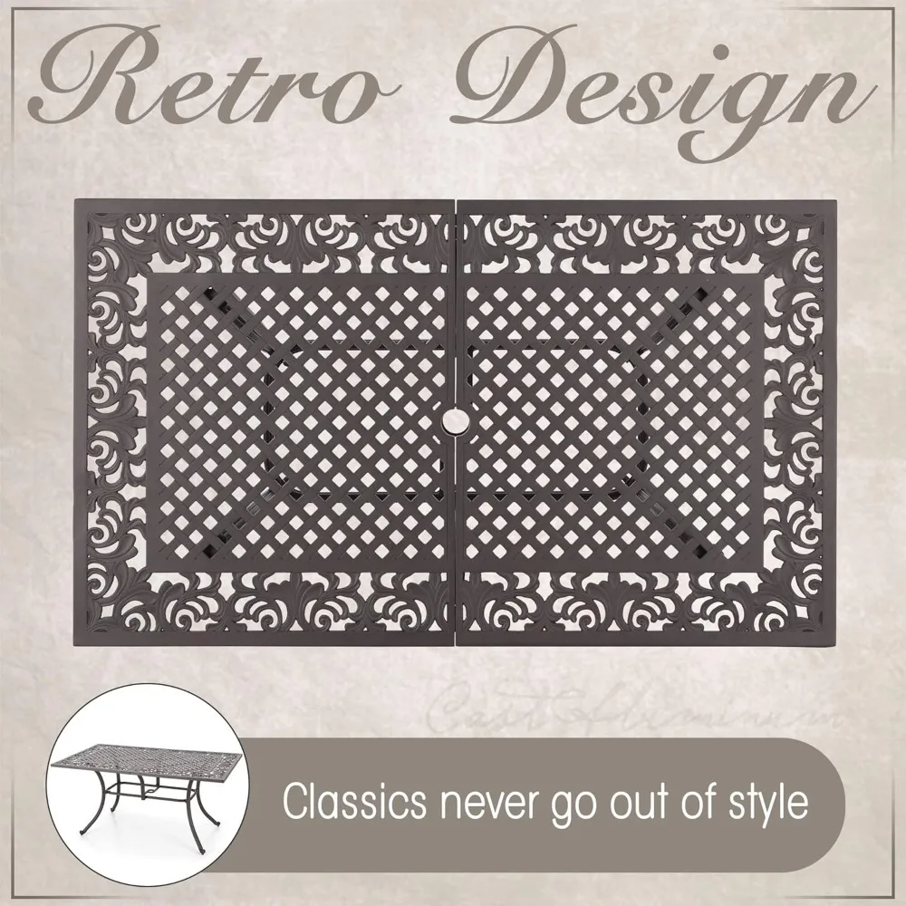 O 6-Personen-Terrassen-Esstisch aus Aluminiumguss, 63 Zoll, rechteckig, mit Retro-Designmuster und Schirmloch, mattiertes goldenes Schwarz