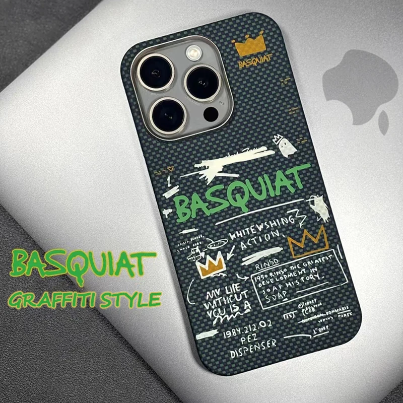 

Graffiti Jean-Michel B-Basquiat Kevlar Aramid carbon fiber magnetic phone case for iphone 13 14 15 16 Pro Max new anti-drop