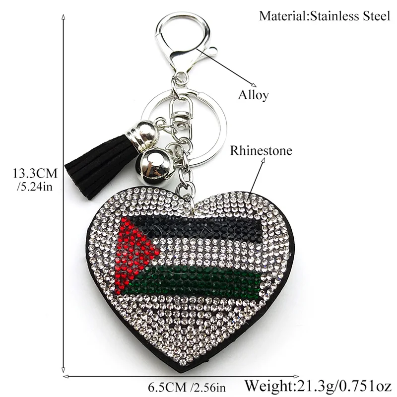Palestine Flag Full Crystals Heart Shaped Key Chain for Women Men Leather Silver Color Keyring Bag Car Accessories Jewelry Gift - view 6