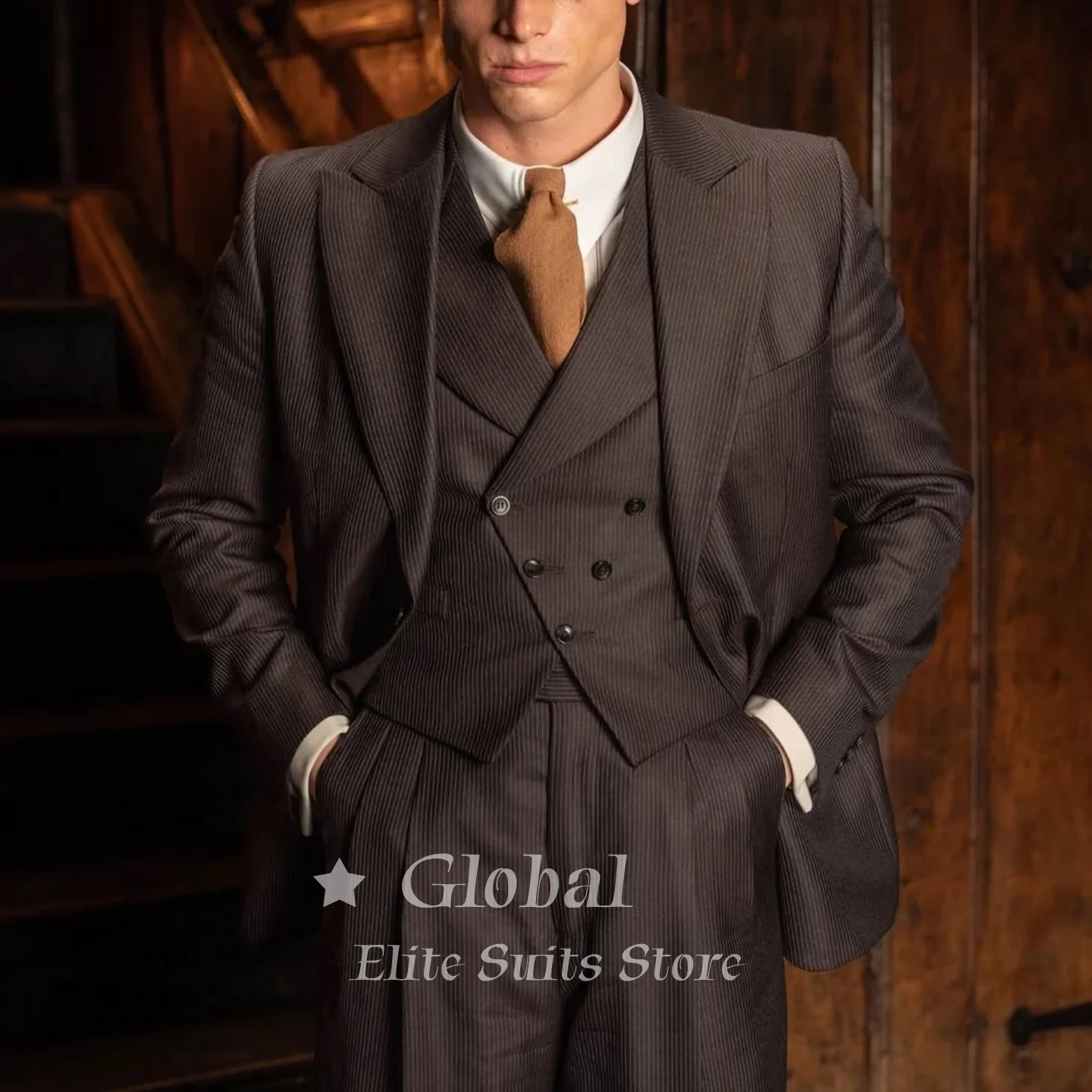 Vintage Brown Pinstripe 3-Piece Suit Double Breasted Vest Set for Retro Business Formal Wedding Groom Prom Party Customized