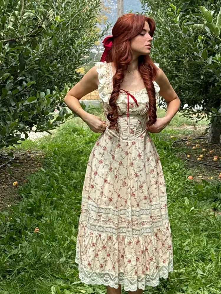 

Floral Print Lace Trim Patchwork Square Collar Waist Cinching Dress Tie High Waist Midi Dresses Women Summer Party Ovestido