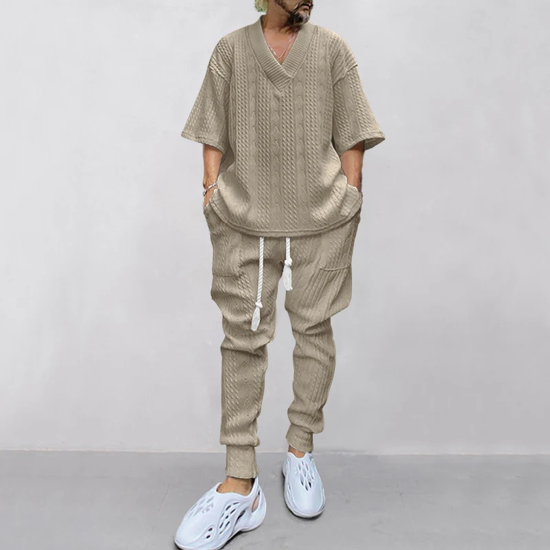 New European and American Casual Loose Three-Quarter Sleeve Jacquard Knitwear Top Plus Pants Men's Casual Personalit