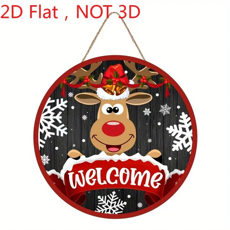 Christmas Wooden Sign 12x12 Inch Round Hanging Wall Decor with Reindeer Snowflakes 