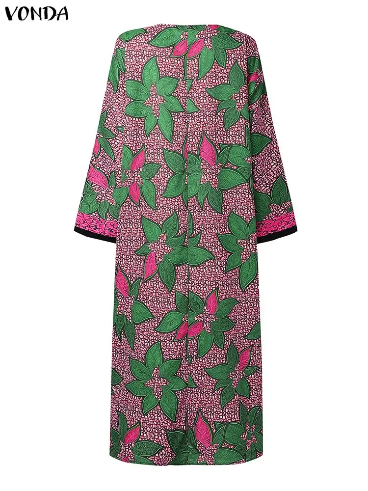 Plus Size 5XL VONDA Bohemian Floral Print Long Dress Women's V-Neck Long Sleeve Maxi Vestidos Vintage Casual Loose Sundress Robe