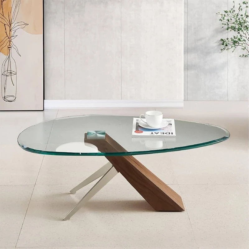 Tempered glass modern living room solid wood apartment small apartment stainless steel oval coffee table