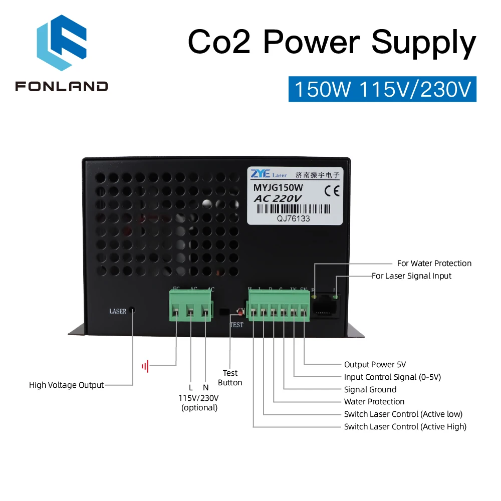 FONLAND 150W CO2 zasilanie lasera do Reci YongLi EFR 150W lub 180W CO2 grawerowanie laserowe maszyna do cięcia rur MYJG-150W