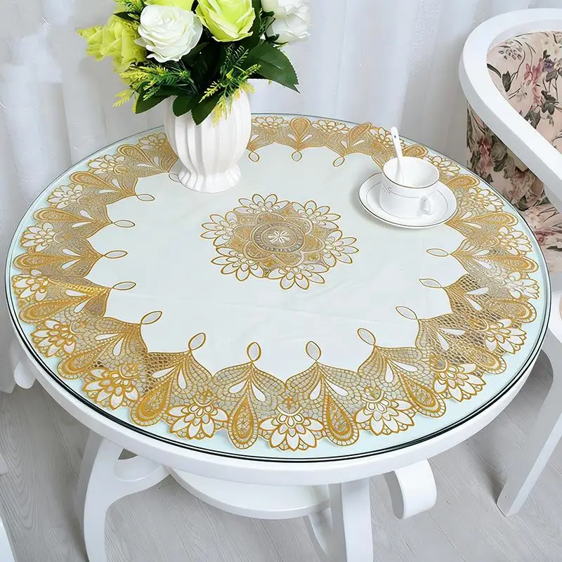Nappe ronde de 50/90 cm de diamètre, nappe ronde européenne dorée, nappe ronde en PVC blanc argenté ajourée