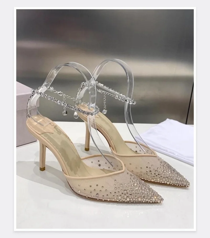 

Spring 2025 New Women's Wrapped Toe High Heels Pointy Toe Thin Heel Rhineshew Chain Mesh Mature Sexy Dress Banquet Women Sandals