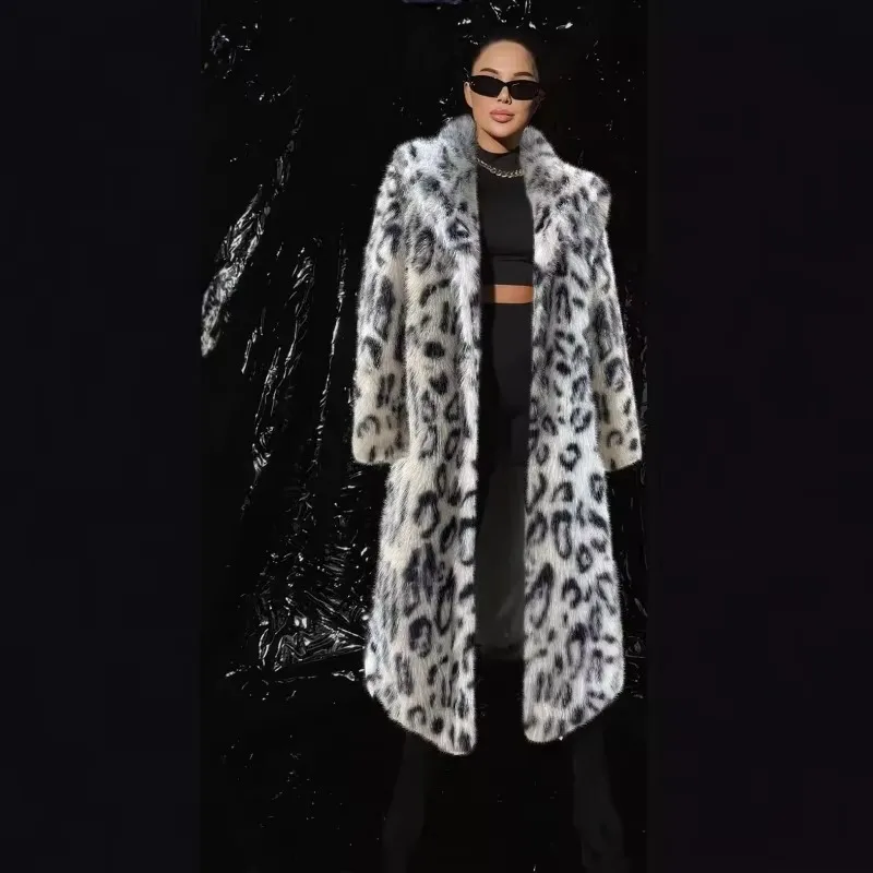 Women's Longline Leopard Print Faux Fox Fur Coat, Autumn Winter Thick Warm Streetwear Plush Outerwear