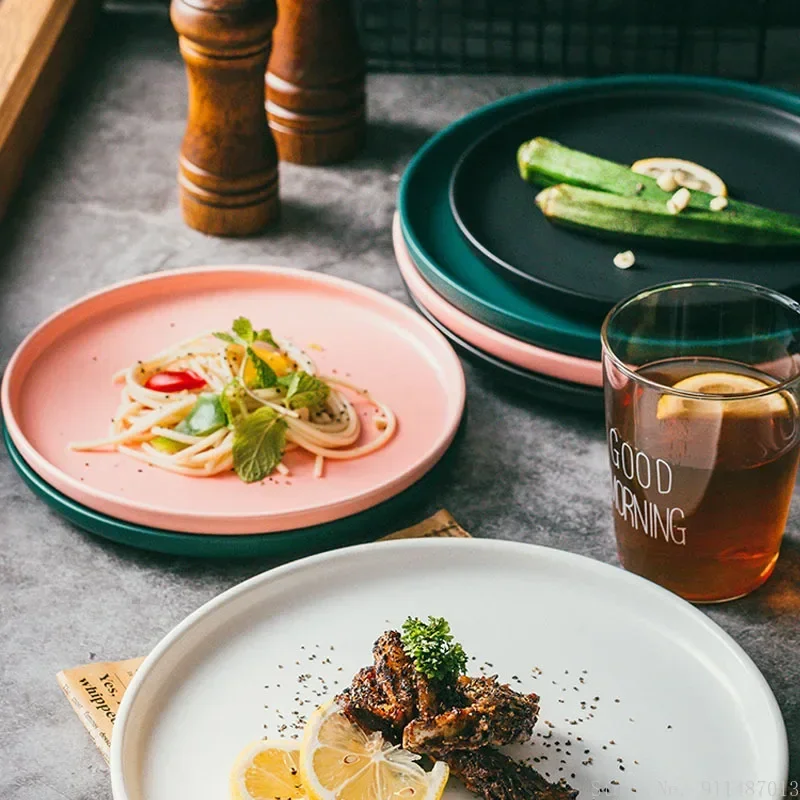 

Ceramic Western Steak Dinner Plate, Creative Breakfast Flat White Pink Gray Blue Green Household Restaurant Fruit Dish Plate 1Pc