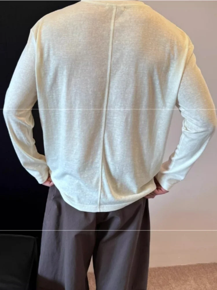 Men White Ice Silk Linen Blend Long Sleeve T Shirt Summer Thin Loose Lazy Sun Protection Up