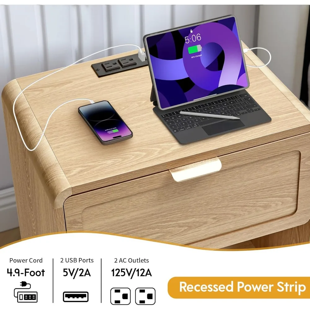 Par de mesitas de noche modernas de mediados de siglo con estación de carga, rincones curvos, mesitas de noche de madera para decoración elegante del hogar