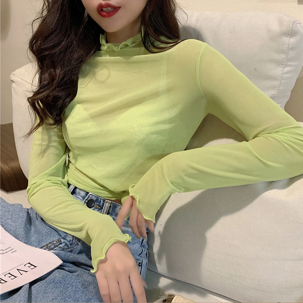 Sexy Women Stretch Mesh Shirt S-XL See Through Transparent Basic Top For Female Bottoming Blouses Long Sleeve Ladies T Shirt