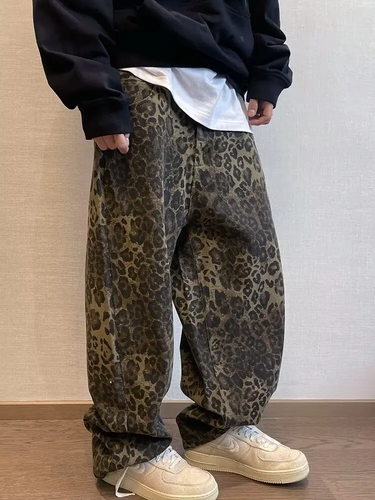 Autumn Tan Leopard Jeans Men Denim Pants Male Oversize Wide Leg Trousers Streetwear Hip Hop Vintage Loose Casual Animal Print