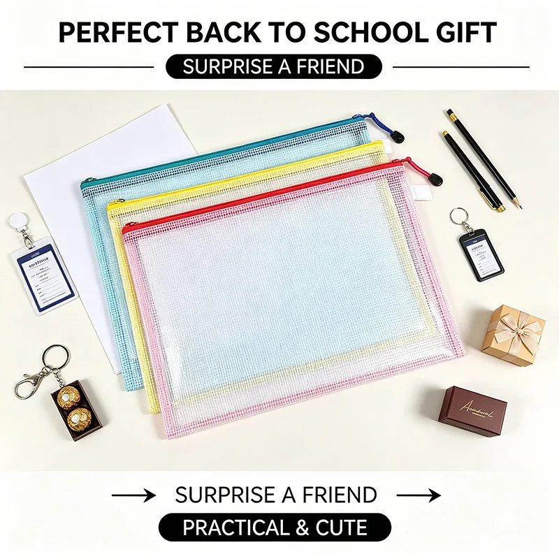 5 pochettes de rangement A3 en PVC coloré avec fermeture éclair |   Pochettes de rangement pour documents durables et modernes pour l'école et le bureau |   Stockage de papier