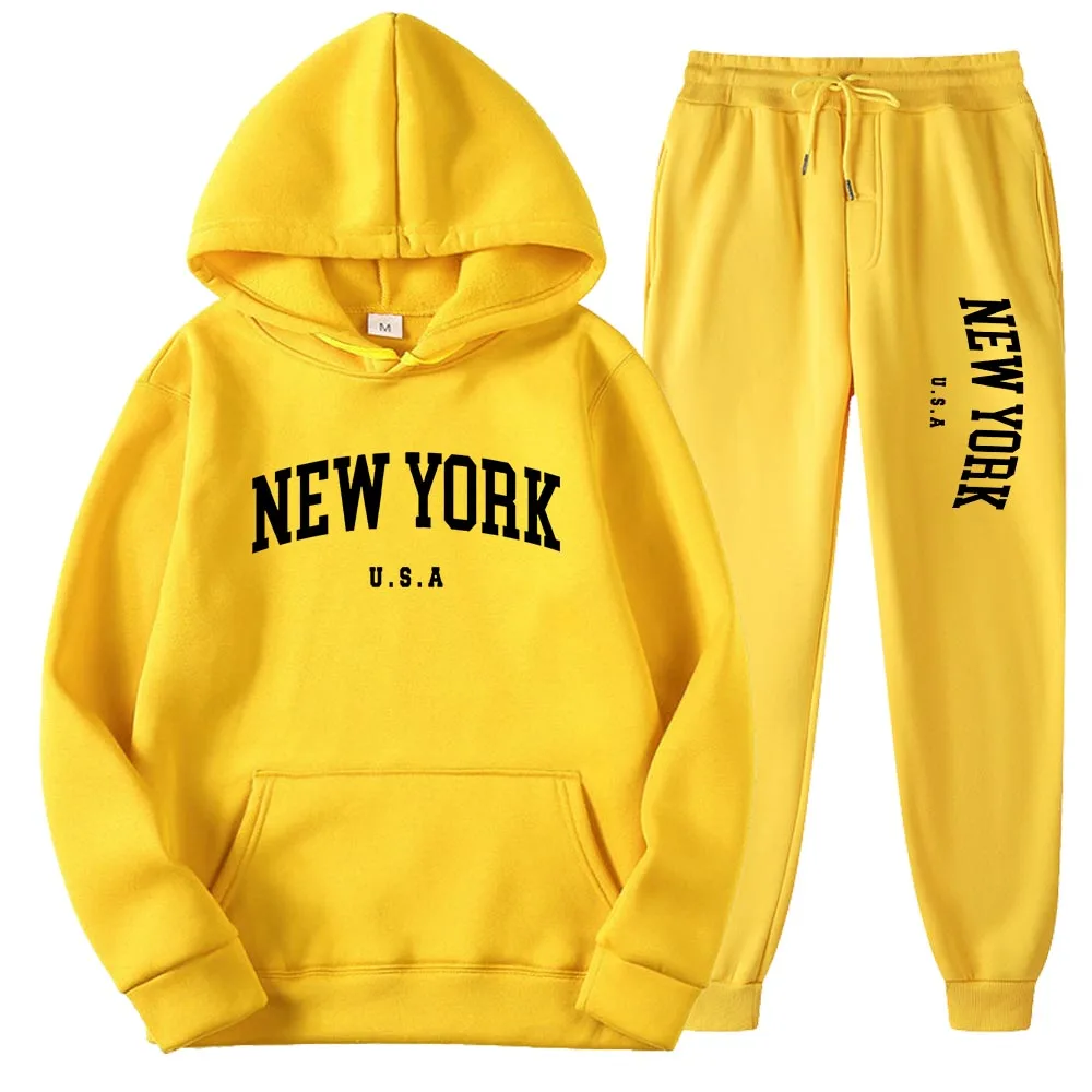 New York Print Hoodies Casual American Style Hoodie Set Mens Autumn Long Sleeves Hooded Loose Pullover Street Sweatshirt