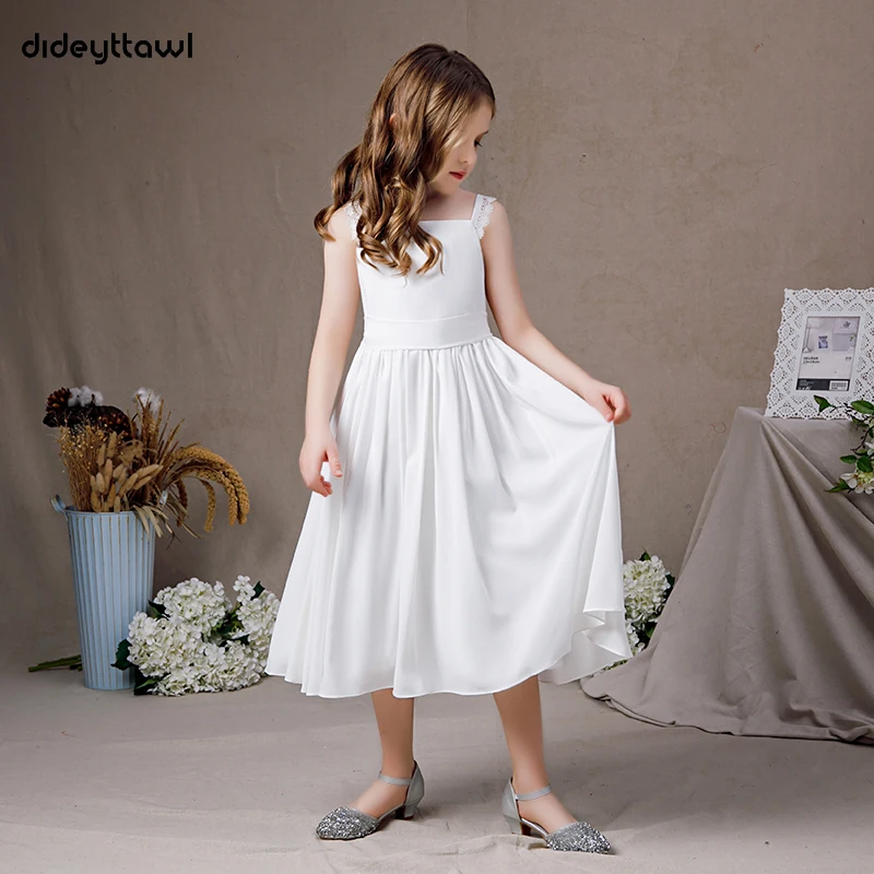 Dideyttawl branco chiffon meninas primeiro comunhão vestido 2022 simples criança festa de aniversário chá-comprimento sem mangas júnior vestido de dama de honra