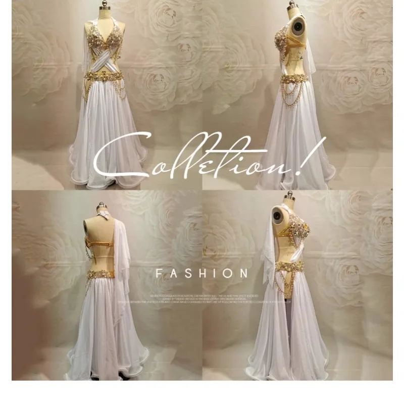 

Customized New White Flowing Belly Dance Costumes Big Swing Skirt Split Performance Dress Adult Plus Size Performance Outfit Set