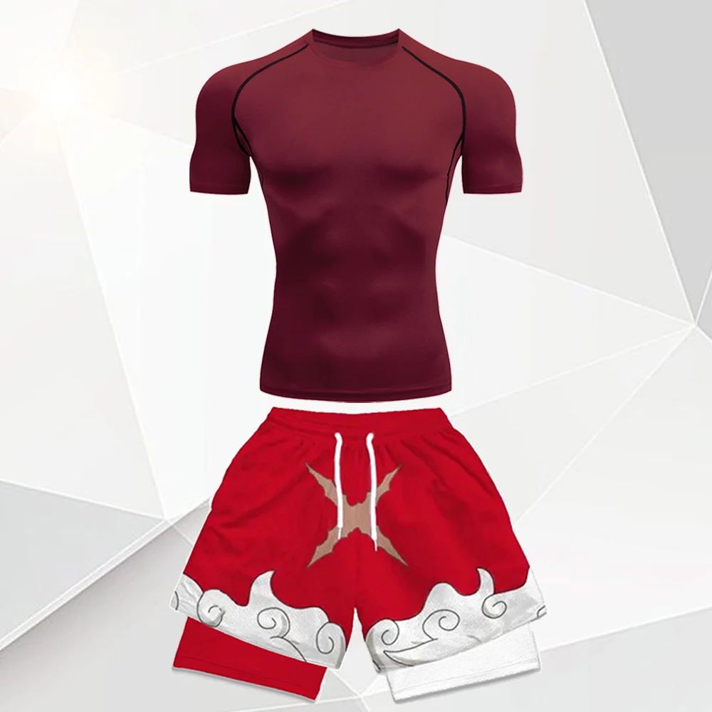 Men's 2Pcs Anime Gym Outfit White Compression Tee + Red Cloud Print Double Layer Shorts Set Quick Dry Fitness Sportswear Suit view 5