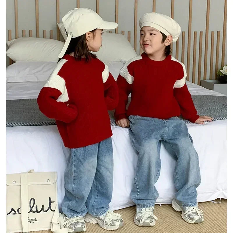 2024 New Year Father and Son Matching Family Christmas Party Red Costume Sweater Mother and Daughter Fashion Knitted Kids Outfit