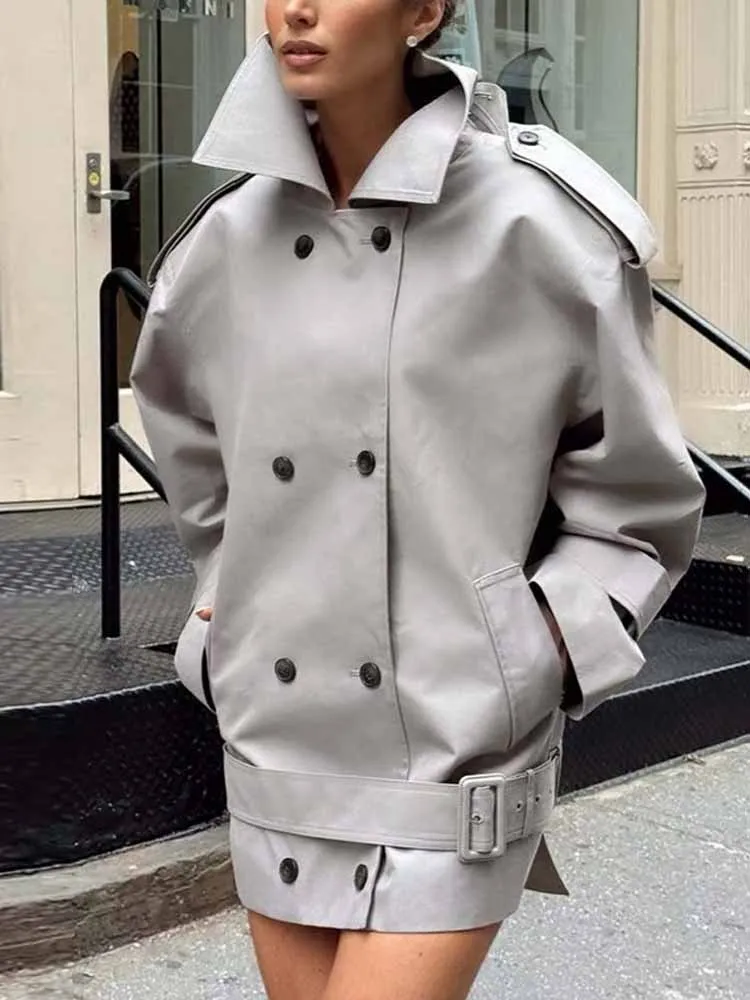 الرجعية رمادي خندق معطف المرأة فضفاضة مزدوجة الصدر سترة التلبيب كم كامل Cinched الخصر التعادل سترة واقية 2025 الخريف ملابس خارجية #3