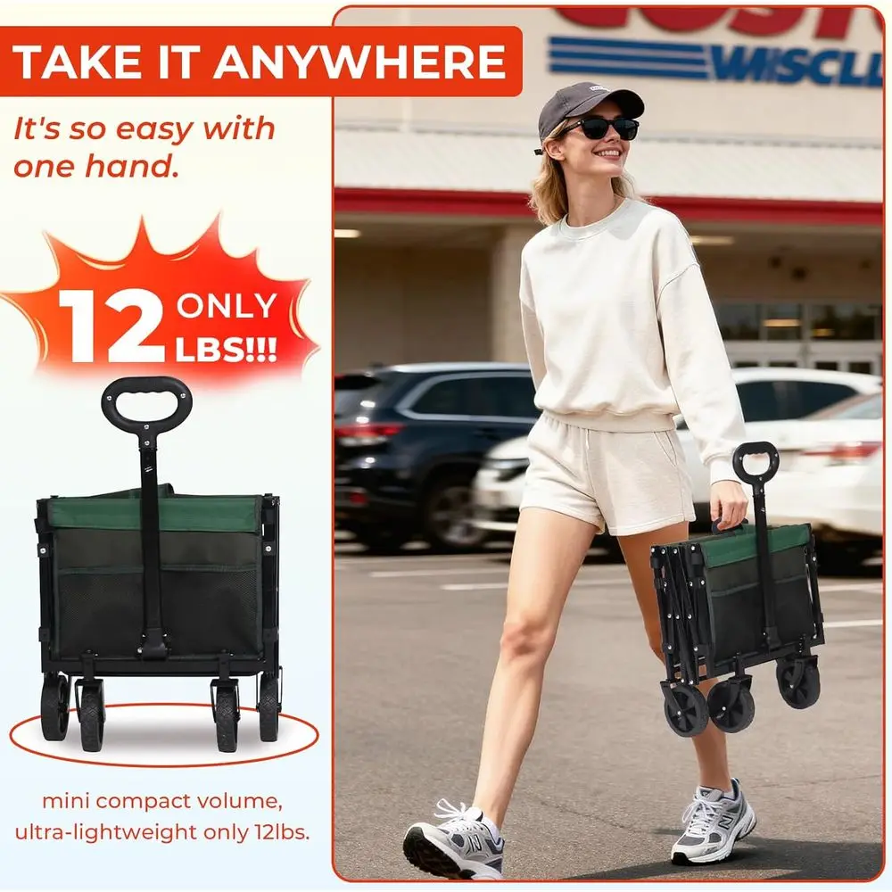 Folding Utility Cart with Wheels, 380lbs Capacity, Compact Design for Outdoors & Grocery Hauling (Army Green)