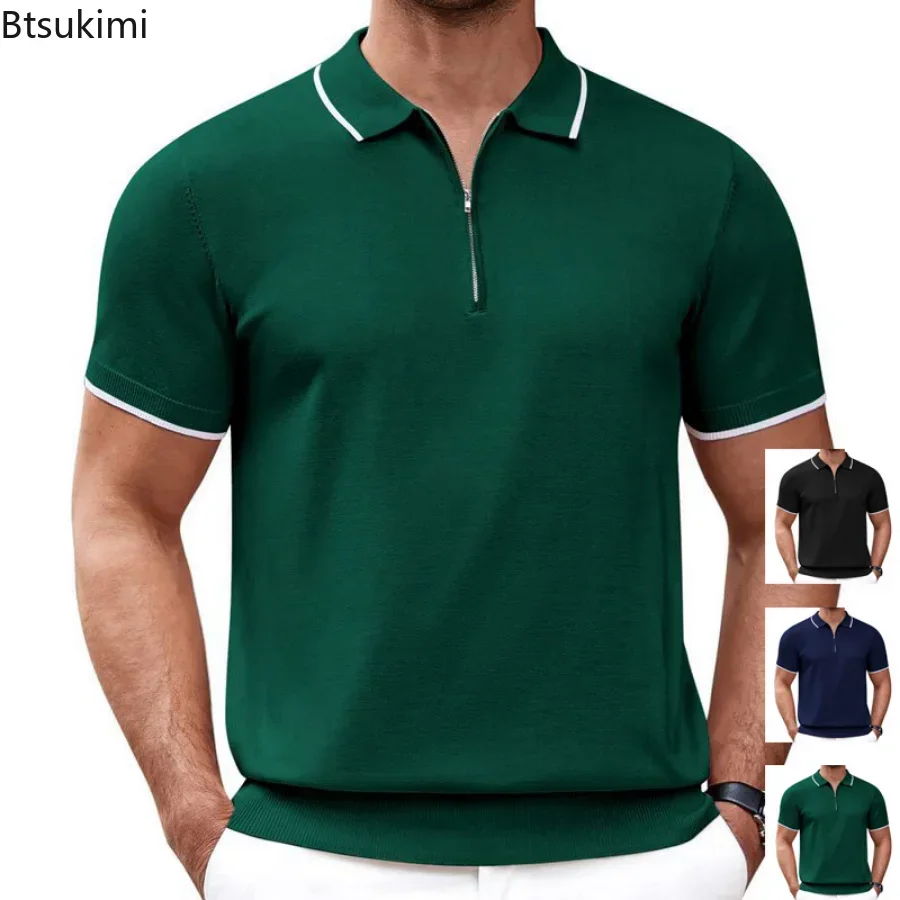 

2025Men's Summer Knitted Polo Shirts Zipper V-neck Formal Business Solid Short Sleeve T-Shirt Casual Breathable Shirts Tops Male