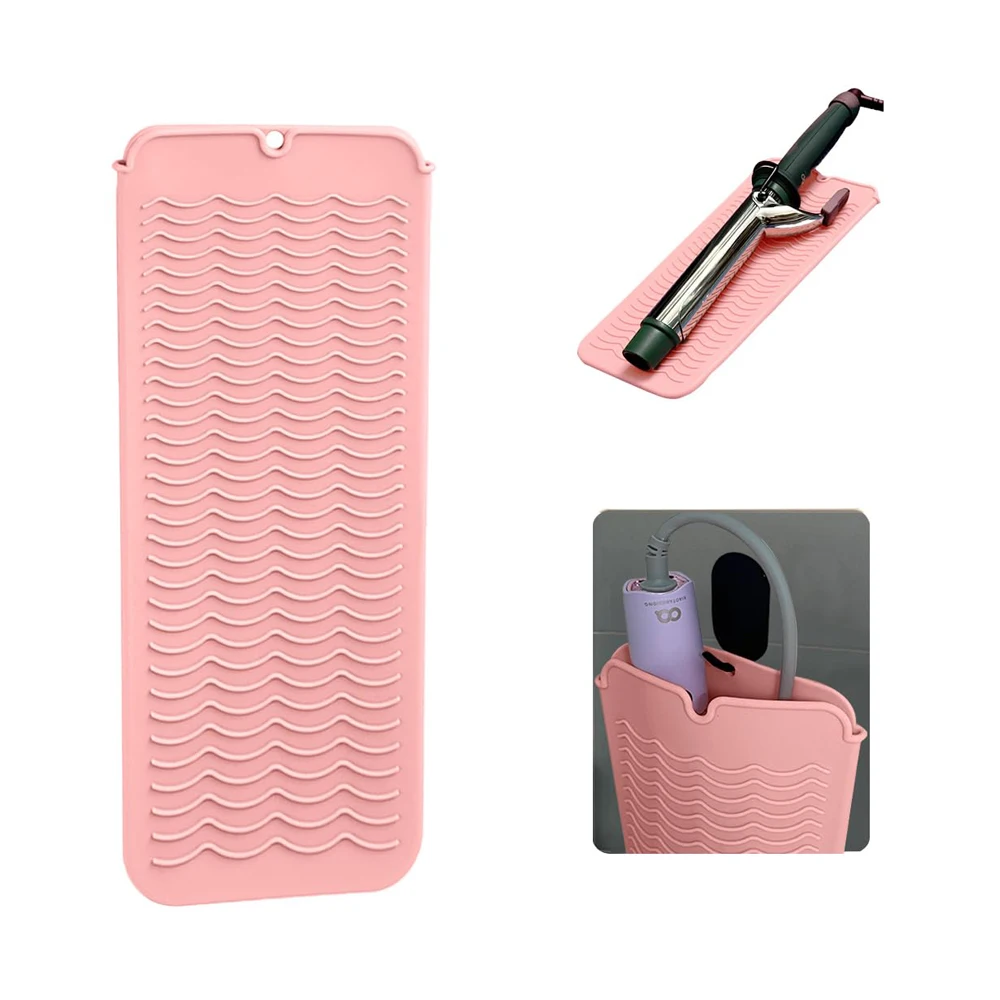Estera de silicona resistente al calor con orificio para colgar, alisador, estera de viaje resistente al calor y bolsa para rizador, plancha plana y Ot