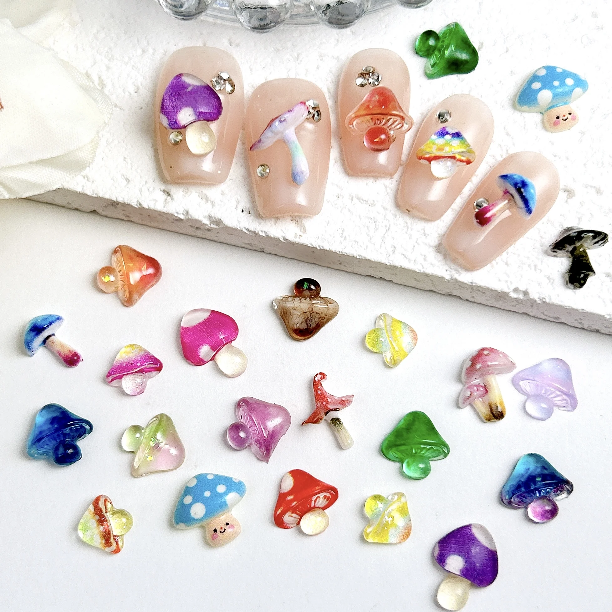 20PCS Multiple Style Colorful Mushroom Resin Nail Charms 3D Ice Transparent Kawaii Mushroom Mixed Nail Art Decorations DIY Nails