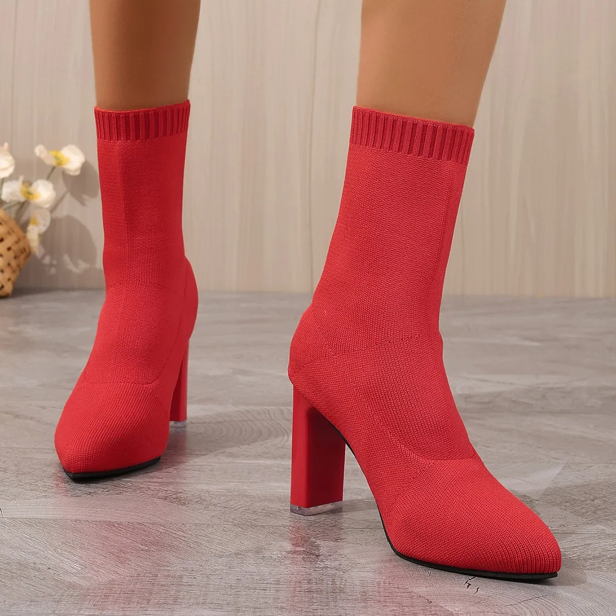2024 New Autumn Winter Thick High-heeled All-match Thin and Thin Boots Women\'s Pointed Toe Mid-tube Elastic Socks Boots Women
