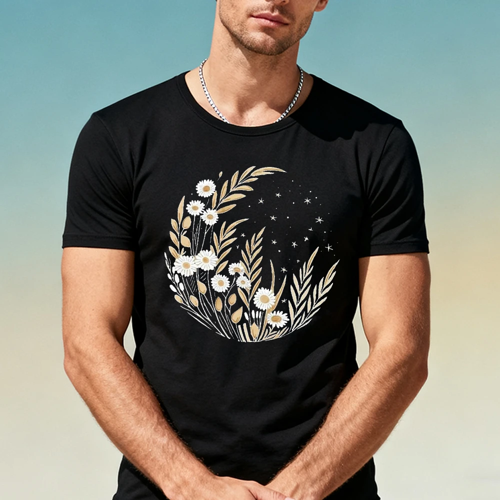 Daisy Wheat Leaf Crescent Star Wreath Men Summer T Shirt Mystical Neutral Boho Celestial Simple Casual Daily Holiday Wear Top