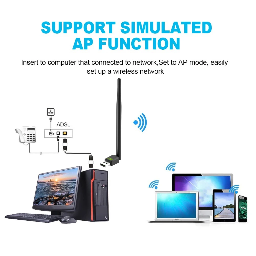 2,4 GHz USB 2.0 Adapter 150 Mbit/s WiFi Wireless Netzwerkkarte mit Antennenchipsatz Ralink RTL8188FTV für Laptop PC Großhandel