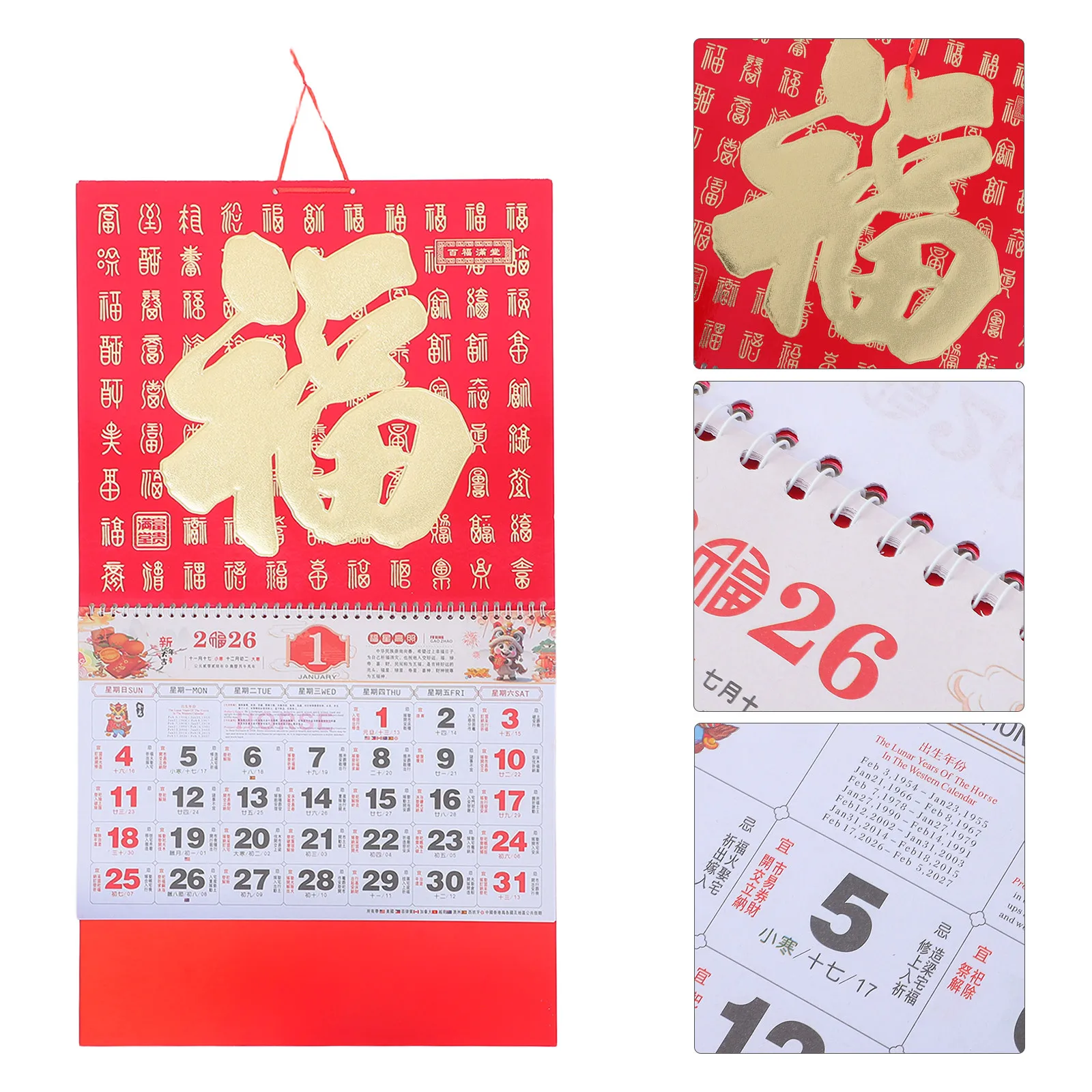 

2Pcs 2026 Chinese New Year Calendar Elegant Design Multinational Holidays Home Office Wall Scroll Red Tearable Pages