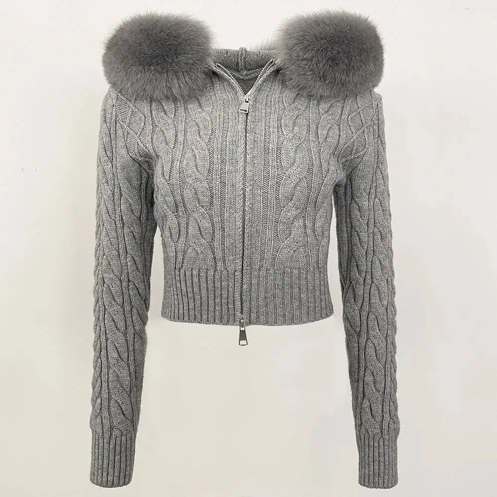 

Cropped Knitted Cardigan Women 2025 New Spring Autumn Solid Real Fox Sweater Short Slim Fur Collar Knitwear Female