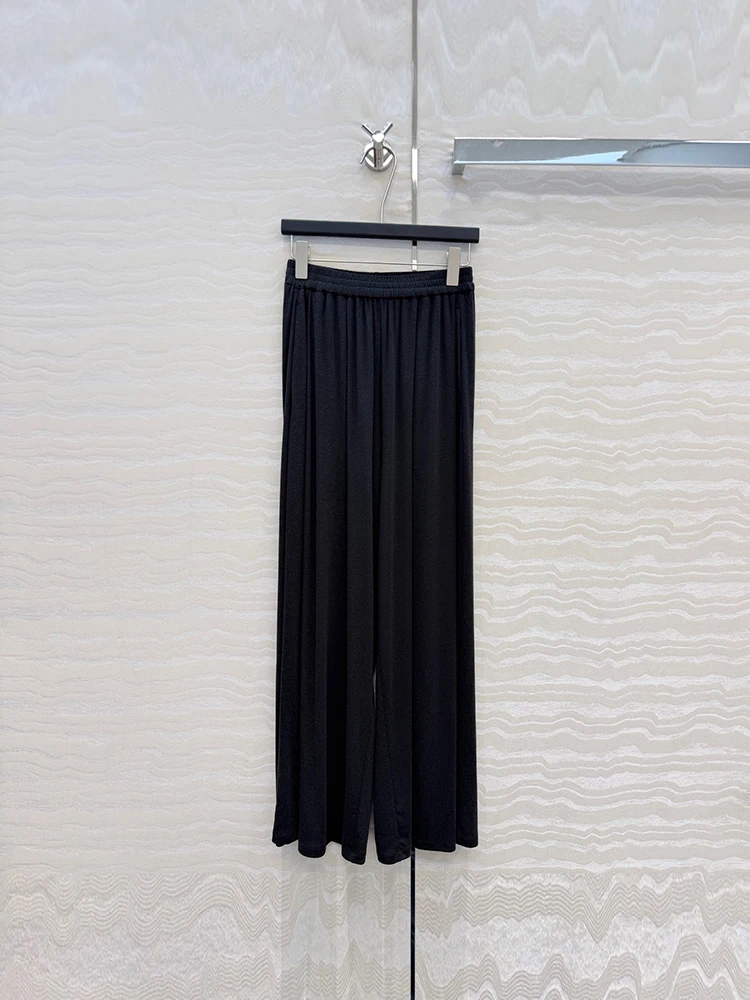 Spring Autumn Fashion Black Color Simplicity Casual Wide Leg Pants Women's Elastic Waist Slim Solid Color Loose Trousers