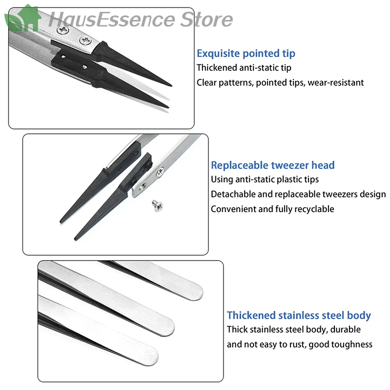 ※Antistatic Tweezers, Plastic Tipped Tweezers, Electrician Tweezers Curved Flat Interchangeable Tip Antistatic Fixture