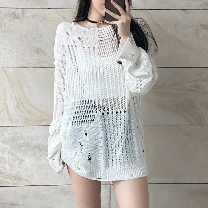 Summer New Women Knitwear Hollowed Out Round Neck Long Sleeve Loose All-match Fashion Casual Korean 2024 Women Pullovers Top