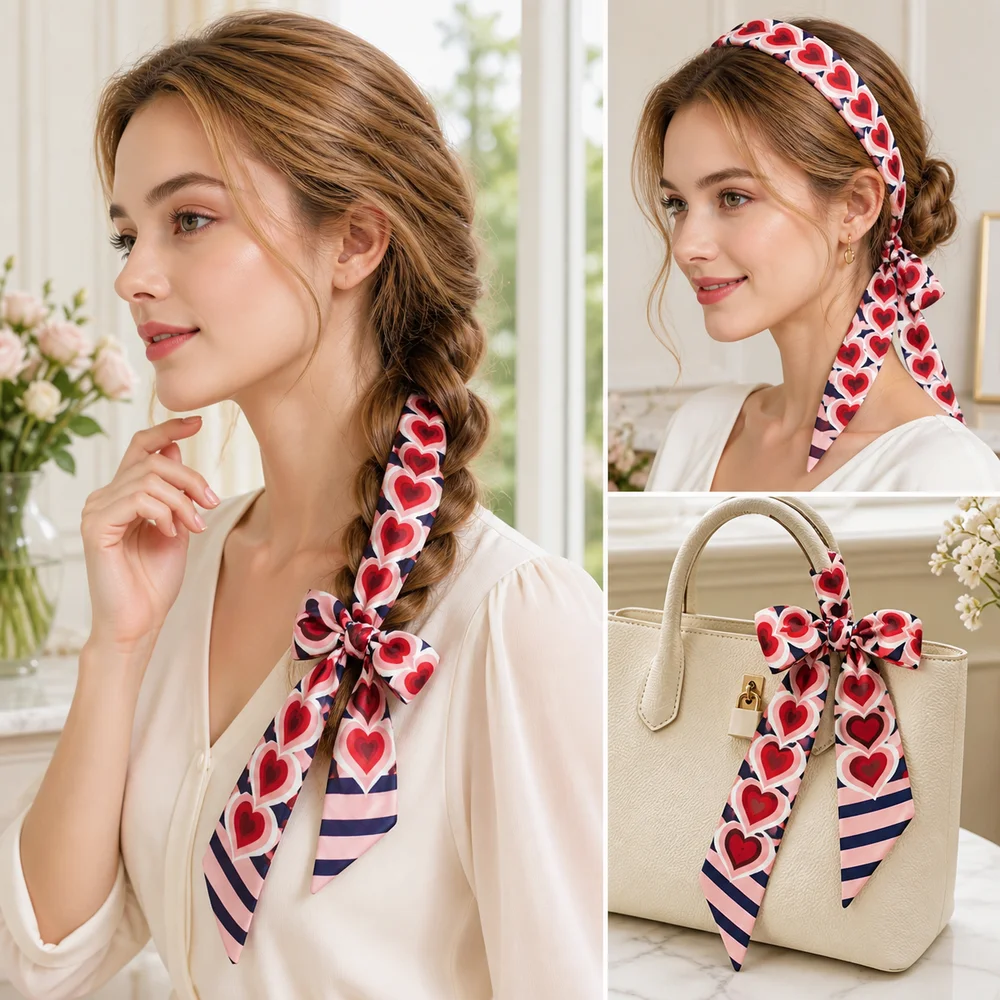 New Striped Slender Scarf Heart Pattern 120cm Length Satin Scarf Double Layer Small Bag Scarf Accessory Decoration