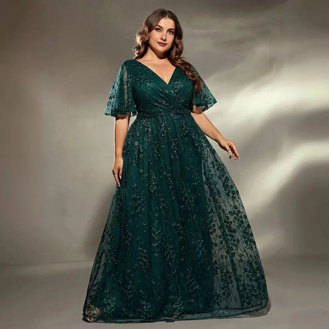 Women Evening Dresses Green Sexy Deep V-neck Dress Plus Size Temperament Elegant Banquet Dress 2024 Summer Lady Party Dresses