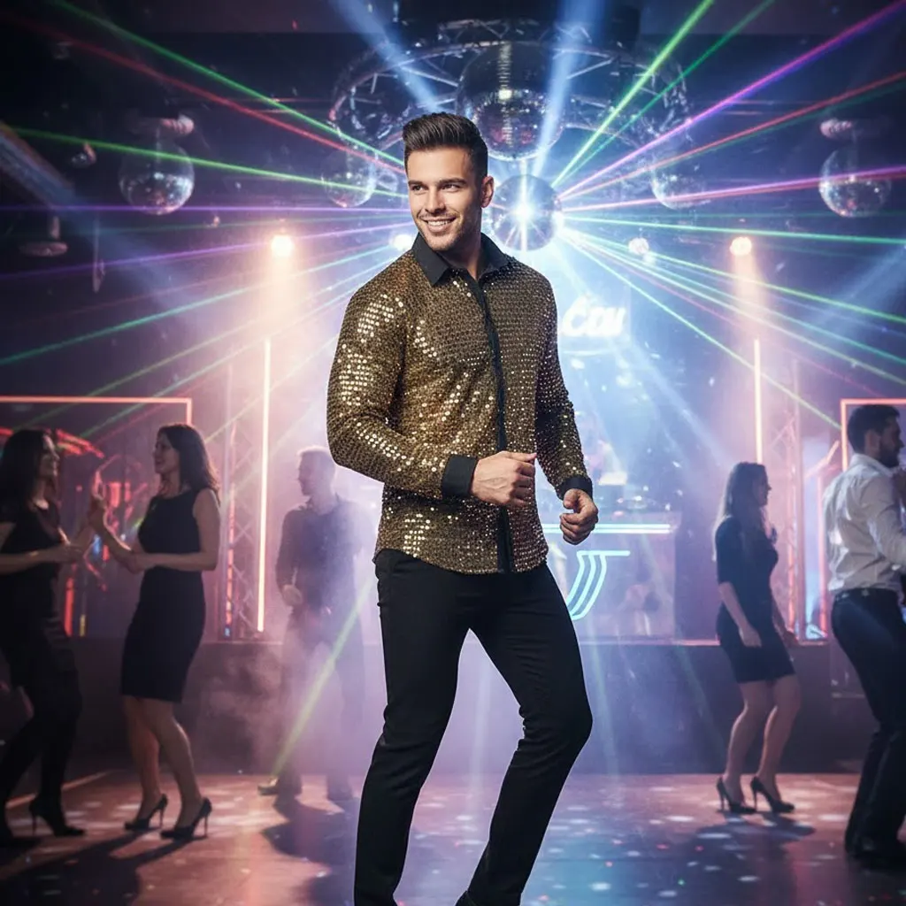 

70s Sparkling Sequined Disco Shirt - Long Sleeve Pointed Collar Performance Top for Party & Stage Show