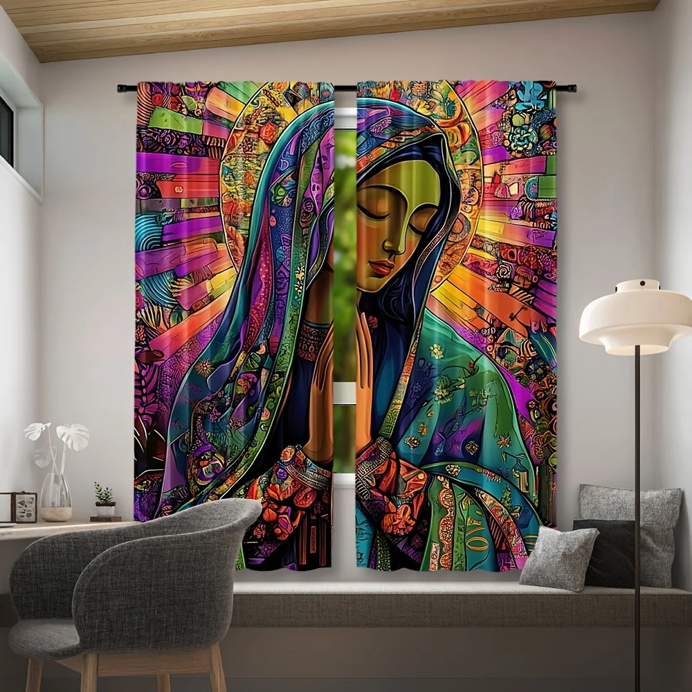 Colorful Virgin Mary Curtains, Psychedelic Religious Art Print Drapes for Living Room, Boho Spiritual Window Treatment Decor