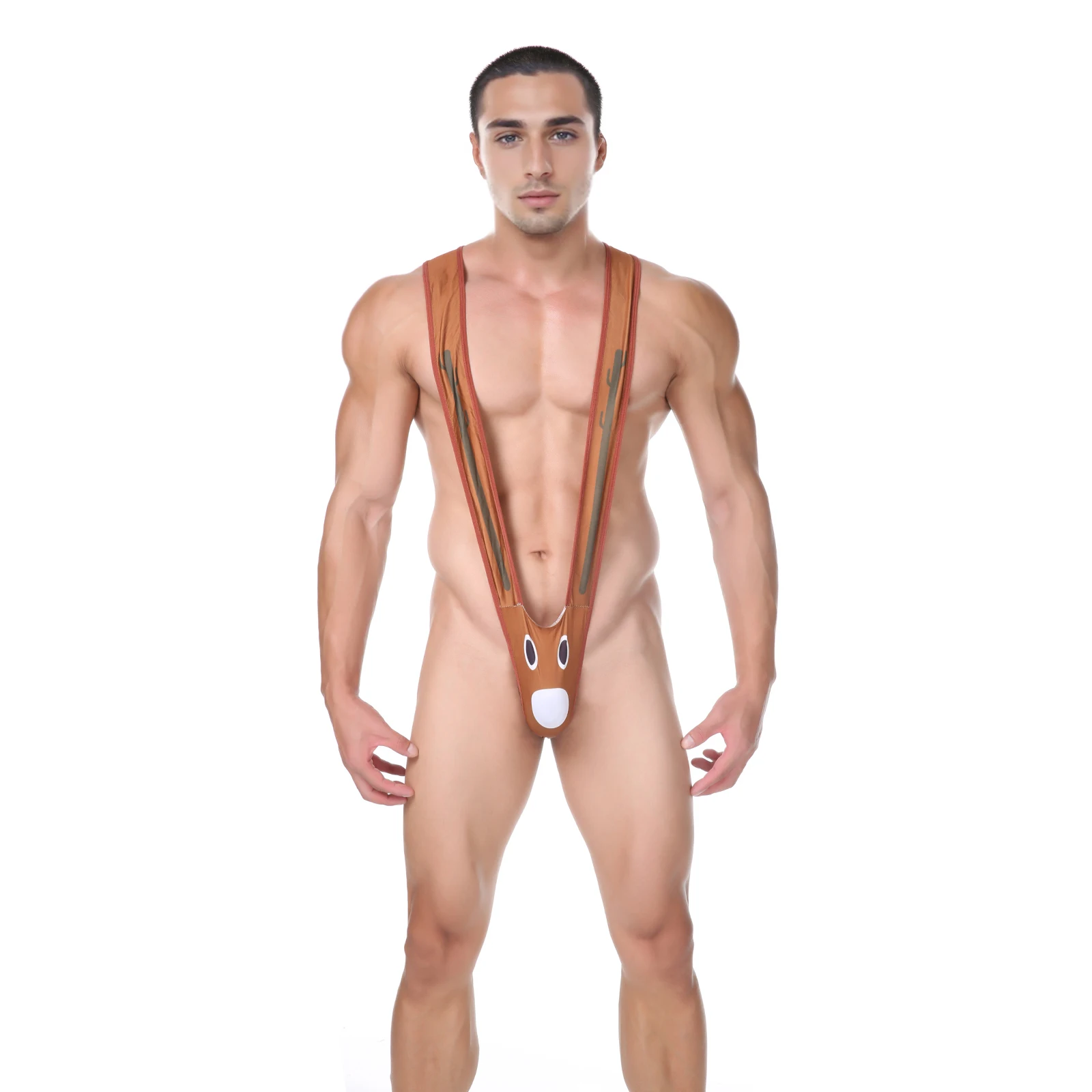 CLEVER-MENMODE Sexy One-Piece Underwear Men Thong Cute Elk G String Christmas Halter Lingerie Panties Mankini Costume Bodysuit