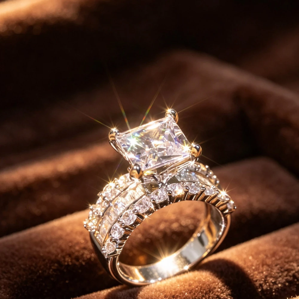 1PC Luxury Wide Band Metal Ring with Princess Cut Center, double rows textured band, exquisite craftsmanship. Suitable for daily wear, banquet, anniversary, proposal, ideal gift for lovers and family members.